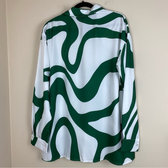 NWOT 2 piece Fashin Set Green white button down top w/ wide leg pants MED/LARGE - Picture 6 of 10